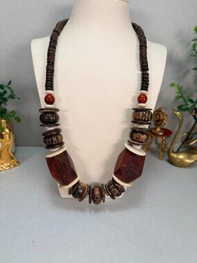 Tribal Wood Bead Necklace Coconut Shell Artisan Boho Statement